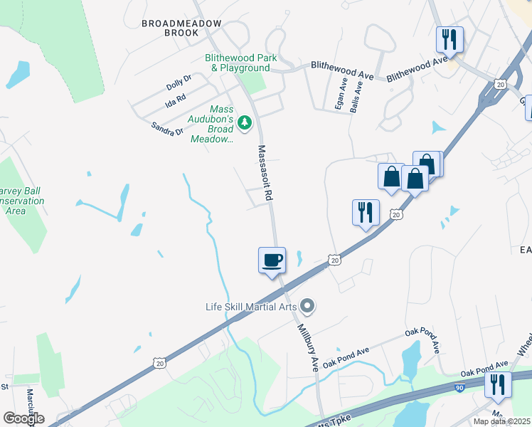 map of restaurants, bars, coffee shops, grocery stores, and more near 488 Massasoit Road in Worcester