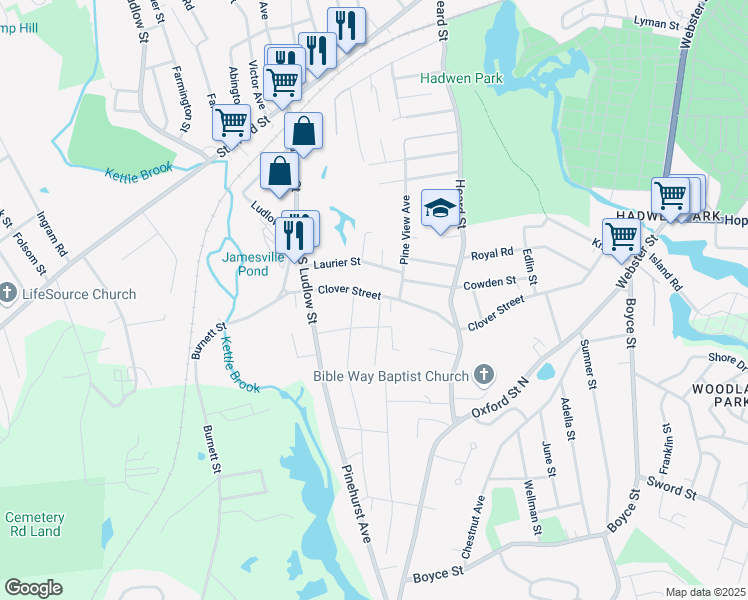map of restaurants, bars, coffee shops, grocery stores, and more near 219 Clover Street in Worcester