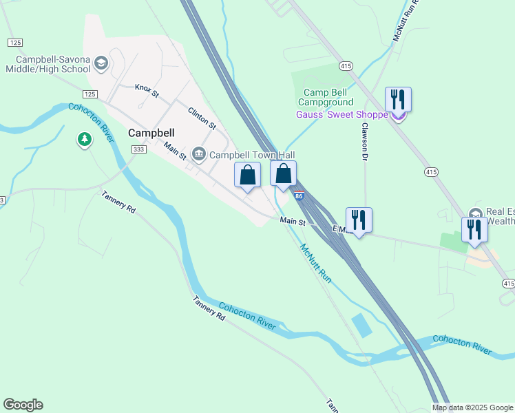 map of restaurants, bars, coffee shops, grocery stores, and more near 8575 Main Street in Campbell