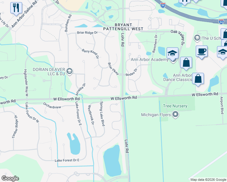 map of restaurants, bars, coffee shops, grocery stores, and more near 3899 Lake Pointe Lane in Ann Arbor