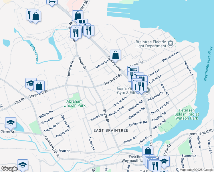map of restaurants, bars, coffee shops, grocery stores, and more near 22 Heritage Lane in Braintree