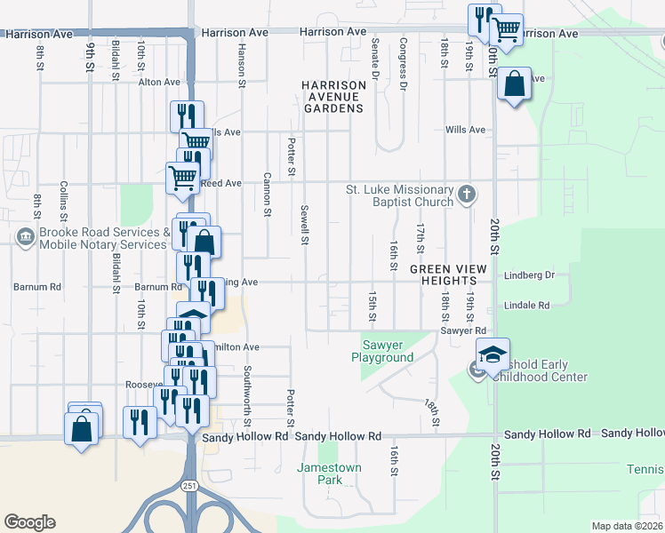 map of restaurants, bars, coffee shops, grocery stores, and more near 3038 Marshall Street in Rockford