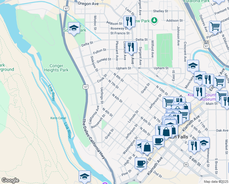 map of restaurants, bars, coffee shops, grocery stores, and more near 614 Mount Whitney Street in Klamath Falls
