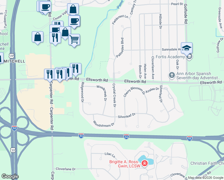 map of restaurants, bars, coffee shops, grocery stores, and more near 4074 Crystal Creek Drive in Ypsilanti