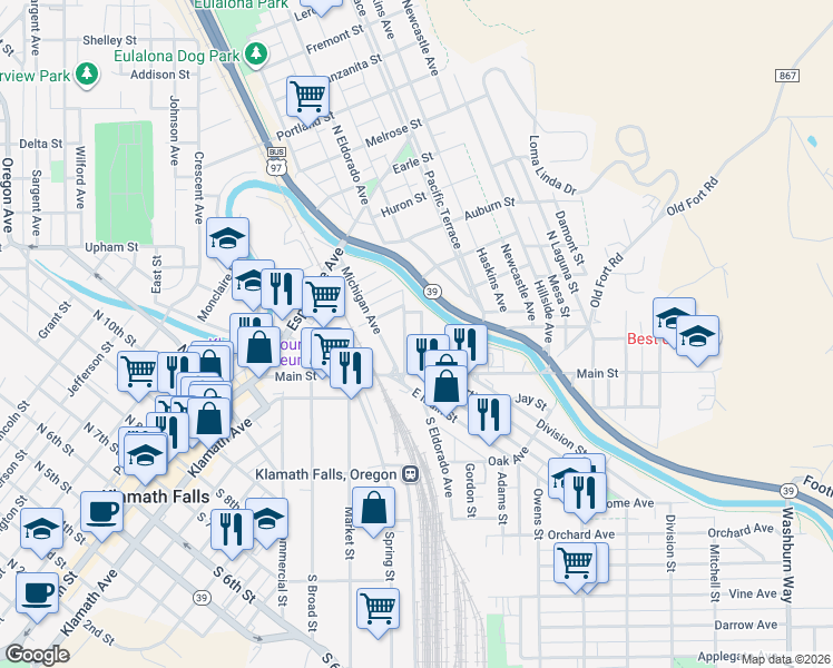 map of restaurants, bars, coffee shops, grocery stores, and more near 208 Mortimer Street in Klamath Falls