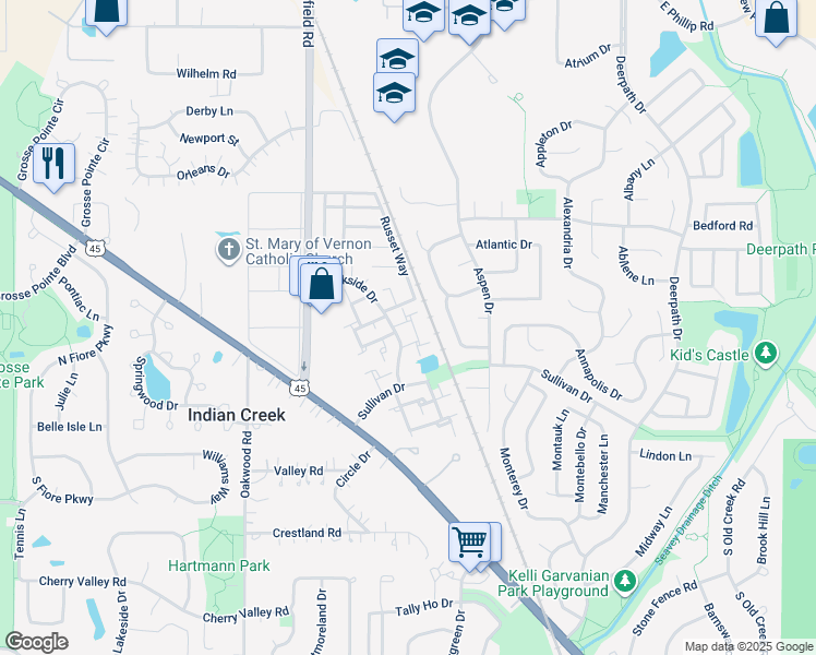 map of restaurants, bars, coffee shops, grocery stores, and more near 325 Westwood Court in Vernon Hills