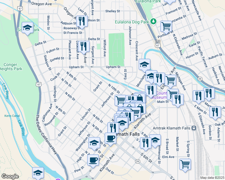 map of restaurants, bars, coffee shops, grocery stores, and more near 504 North 10th Street in Klamath Falls