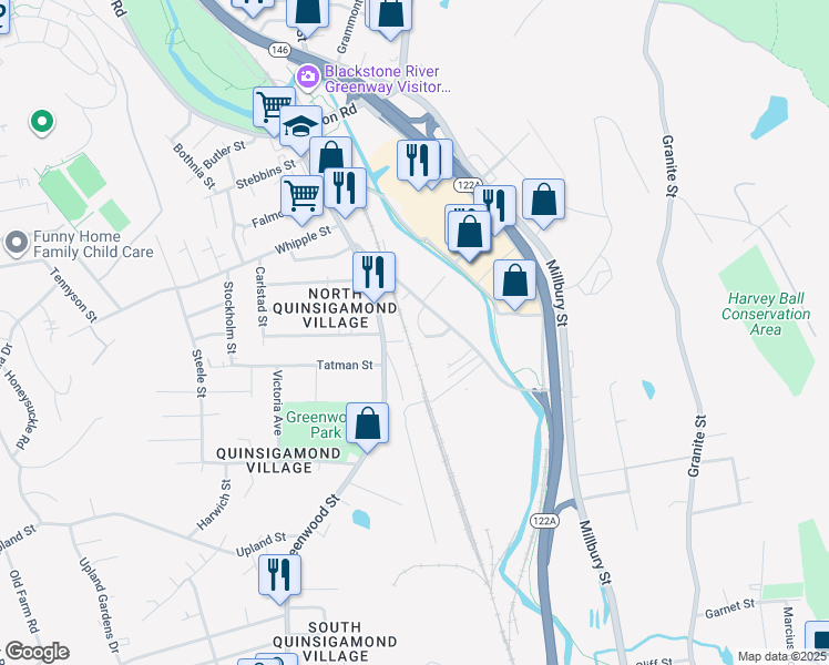 map of restaurants, bars, coffee shops, grocery stores, and more near 16 Dexter Street in Worcester