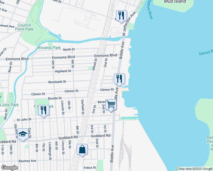 map of restaurants, bars, coffee shops, grocery stores, and more near 165 South Riverbank Avenue in Wyandotte