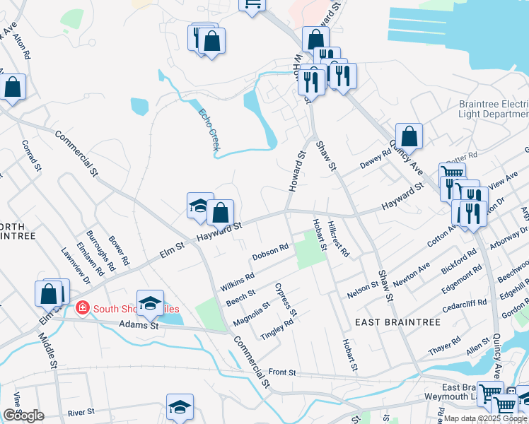 map of restaurants, bars, coffee shops, grocery stores, and more near 98 Hayward Street in Braintree