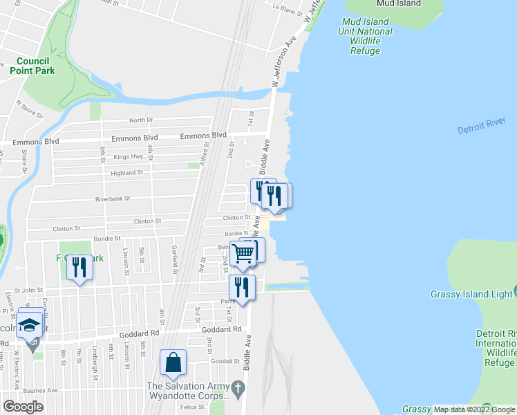map of restaurants, bars, coffee shops, grocery stores, and more near 439 Biddle Avenue in Wyandotte