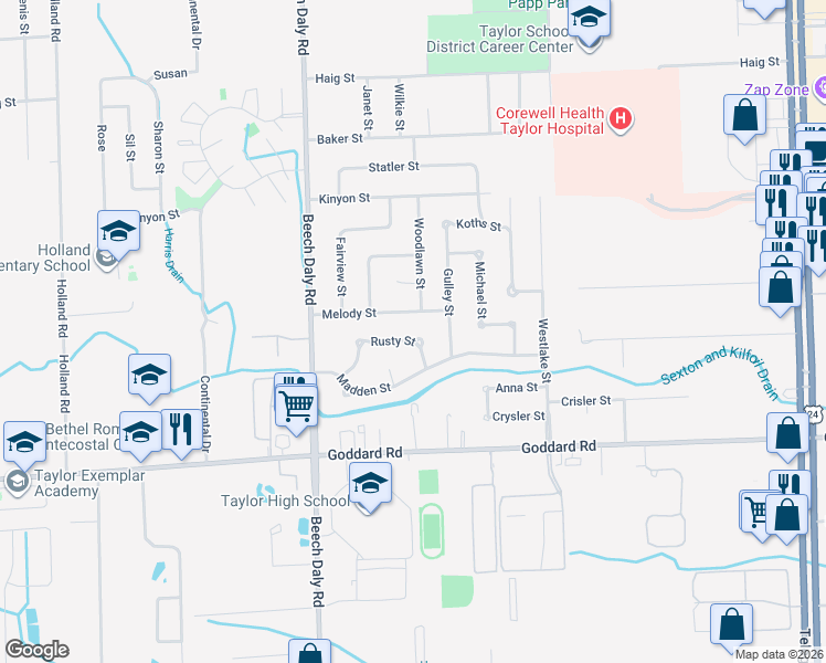 map of restaurants, bars, coffee shops, grocery stores, and more near 25556 Rusty Street in Taylor