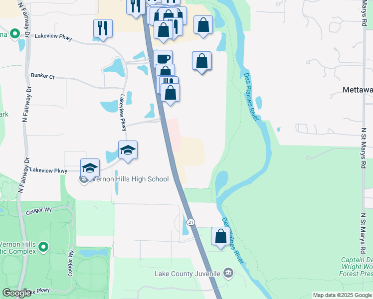 map of restaurants, bars, coffee shops, grocery stores, and more near 195 North Milwaukee Avenue in Vernon Hills
