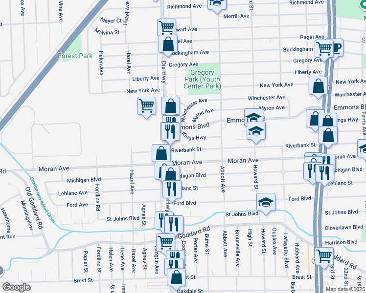 map of restaurants, bars, coffee shops, grocery stores, and more near 1842 Riverbank Street in Lincoln Park