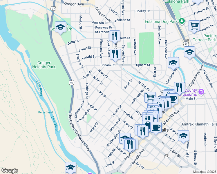 map of restaurants, bars, coffee shops, grocery stores, and more near 710 Roosevelt Street in Klamath Falls