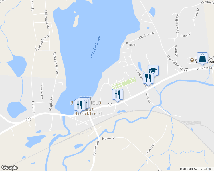 map of restaurants, bars, coffee shops, grocery stores, and more near 139 Gleason Avenue in East Brookfield