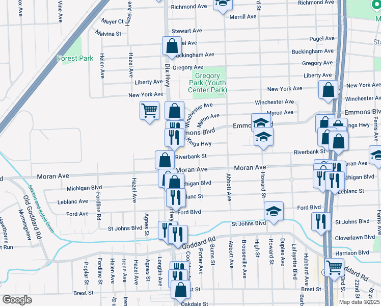 map of restaurants, bars, coffee shops, grocery stores, and more near 1842 Riverbank Street in Lincoln Park