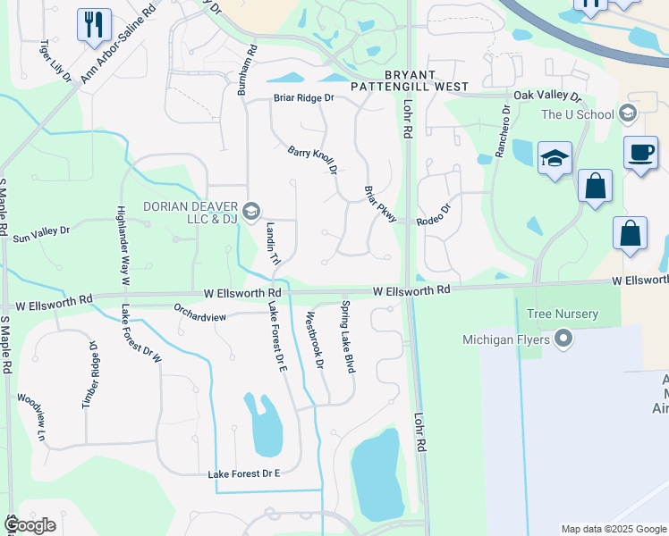 map of restaurants, bars, coffee shops, grocery stores, and more near 3889 Mill Pond Lane in Ann Arbor