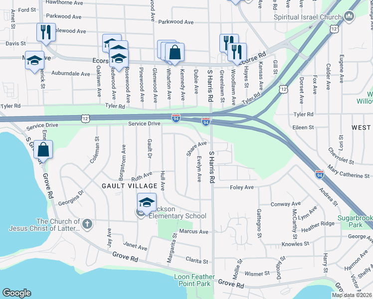 map of restaurants, bars, coffee shops, grocery stores, and more near 1144 Share Avenue in Ypsilanti