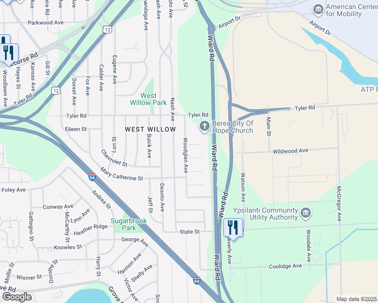 map of restaurants, bars, coffee shops, grocery stores, and more near 1151 Woodglen Avenue in Ypsilanti