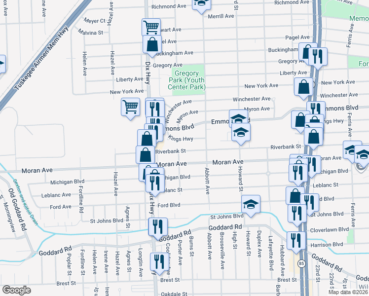 map of restaurants, bars, coffee shops, grocery stores, and more near 1780 Riverbank Street in Lincoln Park