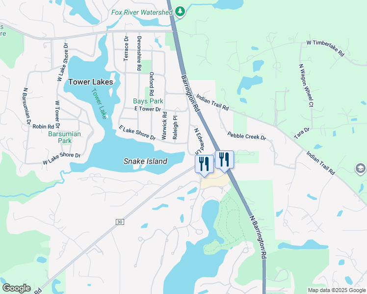 map of restaurants, bars, coffee shops, grocery stores, and more near 801 East Lake Shore Drive in Tower Lakes