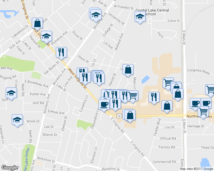 map of restaurants, bars, coffee shops, grocery stores, and more near 420 Harold Street in Crystal Lake