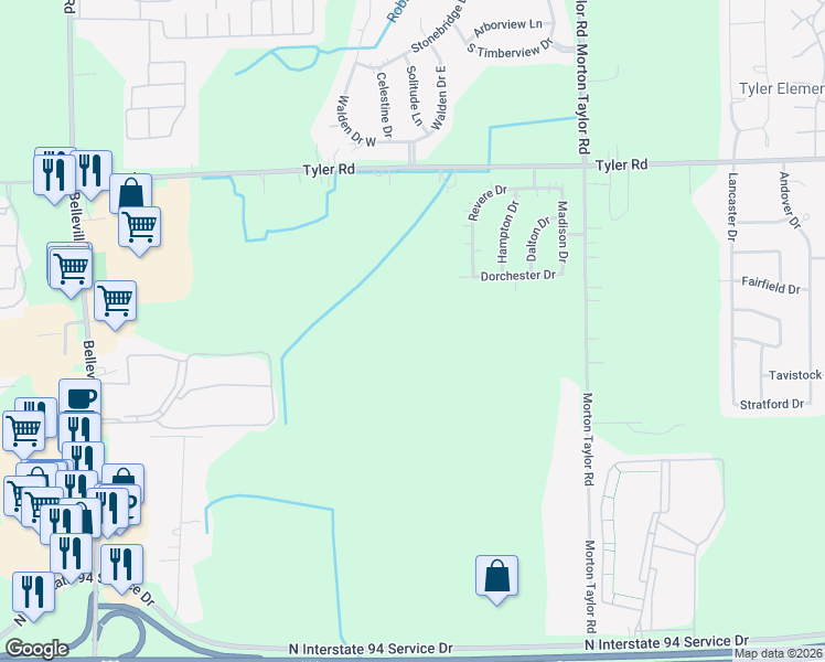 map of restaurants, bars, coffee shops, grocery stores, and more near 44219 Tyler Road in Belleville