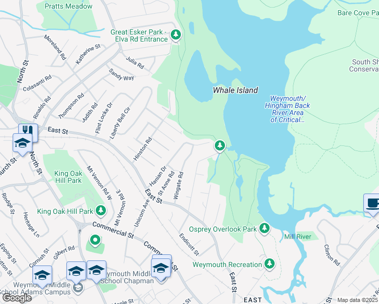 map of restaurants, bars, coffee shops, grocery stores, and more near 100 Wingate Road in Weymouth