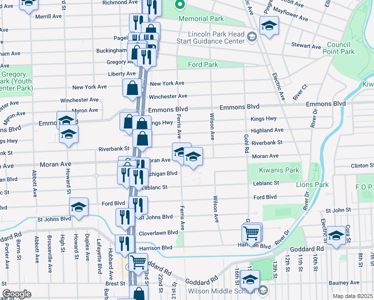 map of restaurants, bars, coffee shops, grocery stores, and more near 981 Riverbank Street in Lincoln Park