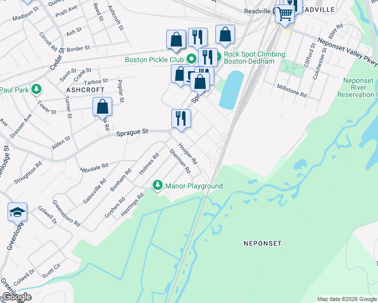 map of restaurants, bars, coffee shops, grocery stores, and more near 42 Hooper Road in Dedham