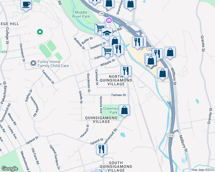 map of restaurants, bars, coffee shops, grocery stores, and more near 28 Kosta Street in Worcester