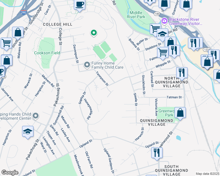 map of restaurants, bars, coffee shops, grocery stores, and more near 101 Whipple Street in Worcester