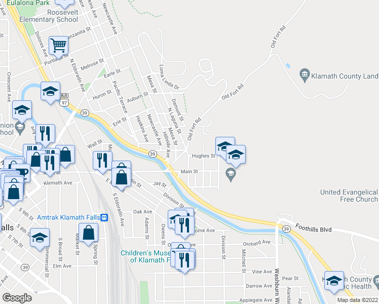 map of restaurants, bars, coffee shops, grocery stores, and more near 2235 Hughes Street in Klamath Falls