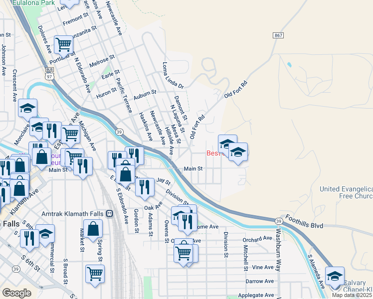 map of restaurants, bars, coffee shops, grocery stores, and more near 2136 Herbert Street in Klamath Falls