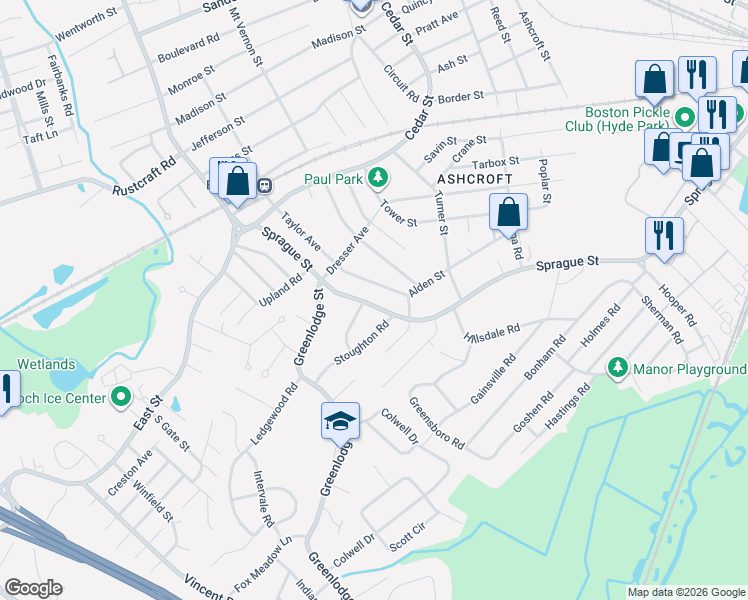 map of restaurants, bars, coffee shops, grocery stores, and more near 148 Sprague Street in Dedham