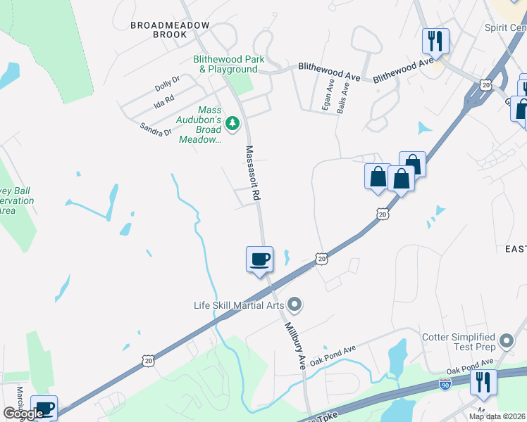 map of restaurants, bars, coffee shops, grocery stores, and more near 488 Massasoit Road in Worcester