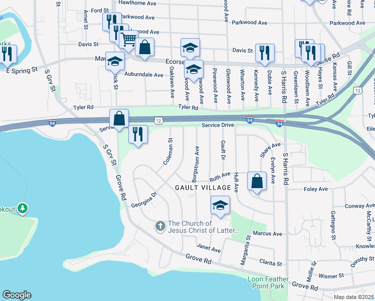 map of restaurants, bars, coffee shops, grocery stores, and more near 1104 Borgstrom Avenue in Ypsilanti
