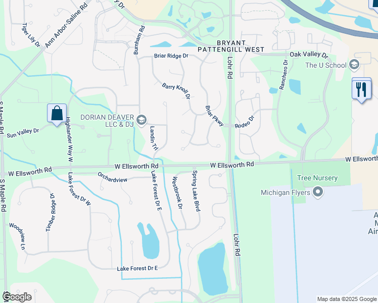 map of restaurants, bars, coffee shops, grocery stores, and more near 3889 Mill Pond Lane in Ann Arbor