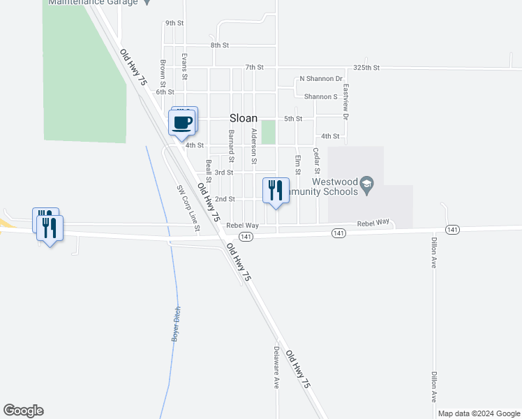 map of restaurants, bars, coffee shops, grocery stores, and more near 106-198 Alderson Street in Sloan