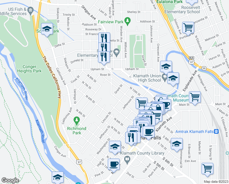 map of restaurants, bars, coffee shops, grocery stores, and more near 829 Grant Street in Klamath Falls