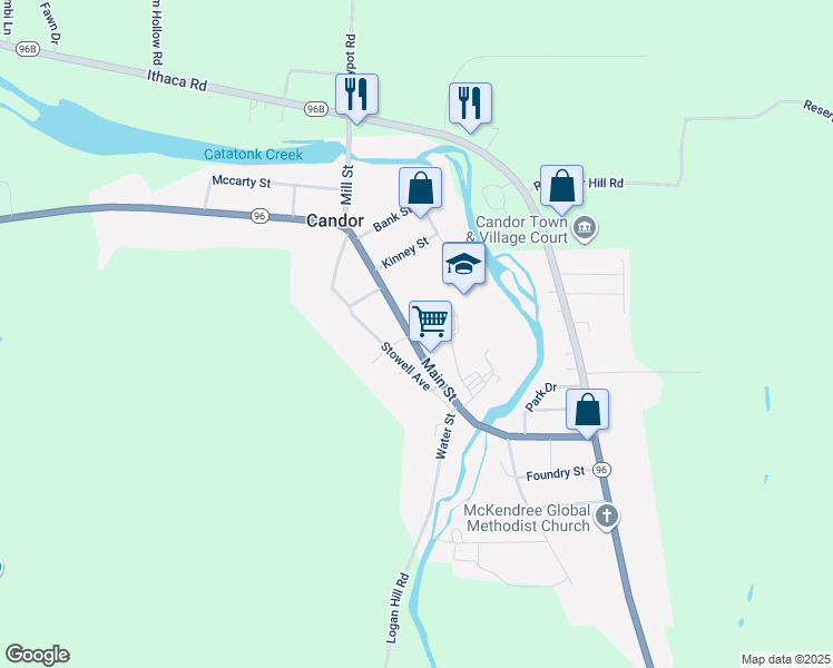 map of restaurants, bars, coffee shops, grocery stores, and more near 92 Main Street in Candor