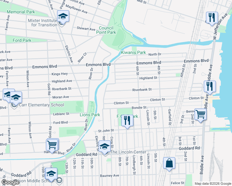map of restaurants, bars, coffee shops, grocery stores, and more near 737 Riverbank Street in Wyandotte