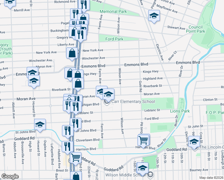 map of restaurants, bars, coffee shops, grocery stores, and more near 925 Riverbank Street in Lincoln Park