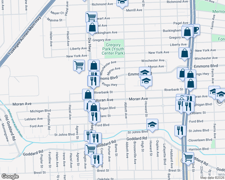 map of restaurants, bars, coffee shops, grocery stores, and more near 1780 Riverbank Street in Lincoln Park