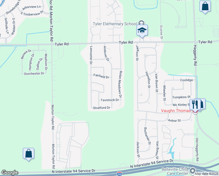 map of restaurants, bars, coffee shops, grocery stores, and more near 9899 Andover Drive in Belleville