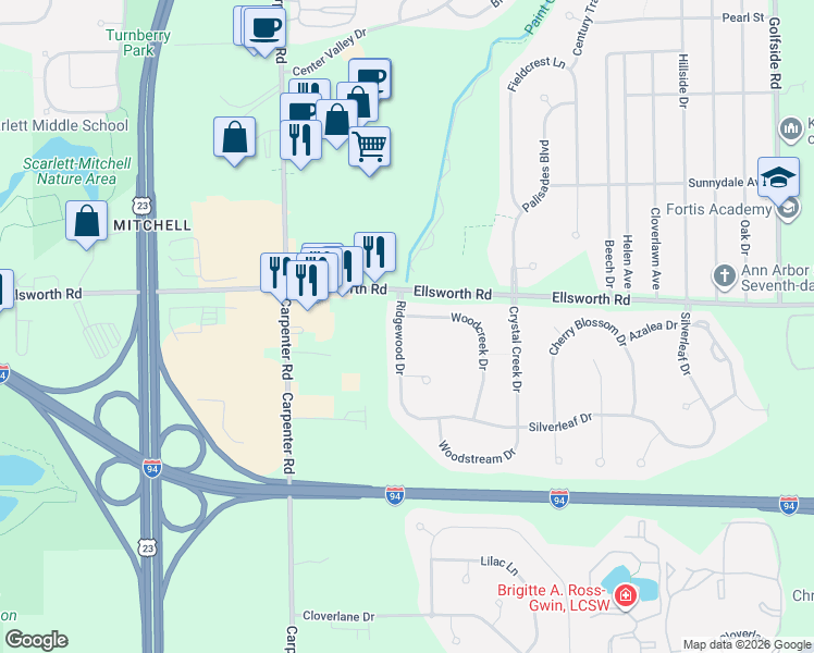 map of restaurants, bars, coffee shops, grocery stores, and more near 4088 Ridgewood Drive in Ypsilanti
