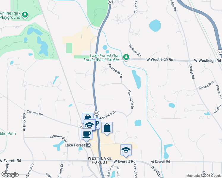 map of restaurants, bars, coffee shops, grocery stores, and more near 991 Newcastle Drive in Lake Forest