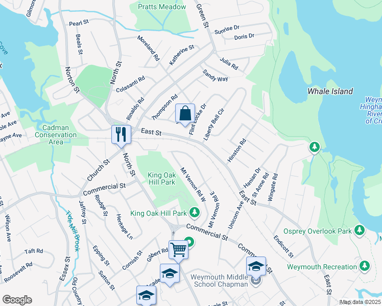 map of restaurants, bars, coffee shops, grocery stores, and more near 157 Mount Vernon Road East in Weymouth