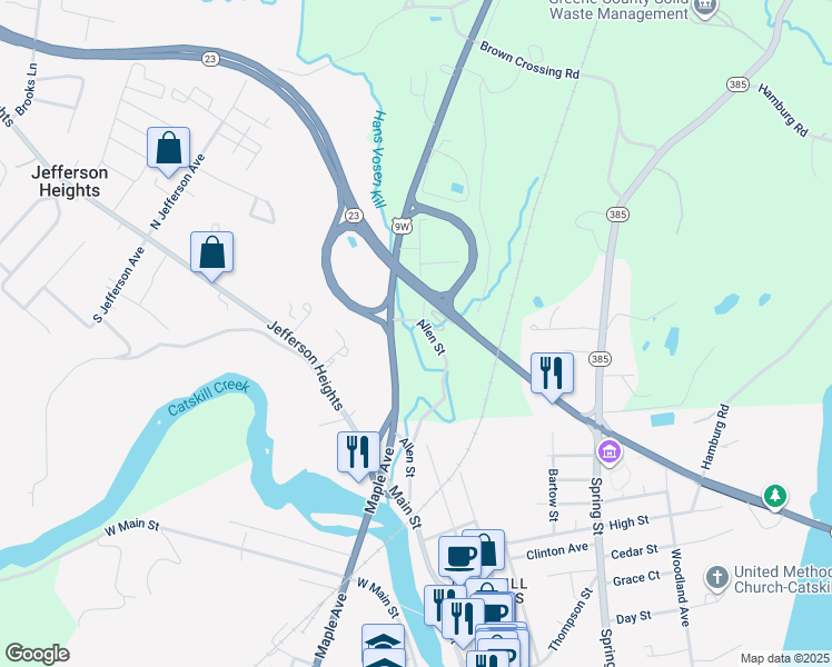 map of restaurants, bars, coffee shops, grocery stores, and more near 81 Allen Street in Catskill
